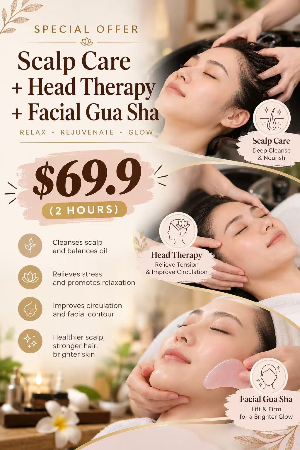 Scalp care, head therapy and facial gua sha promotional poster: S$69.90 for two hours